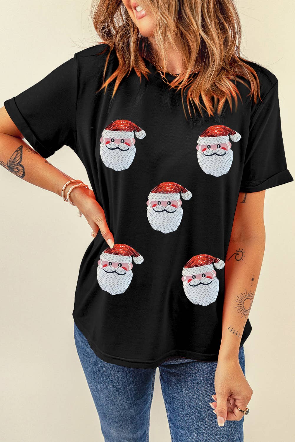 LDC Sequin Christmas Claus Pattern Crewneck T Shirt