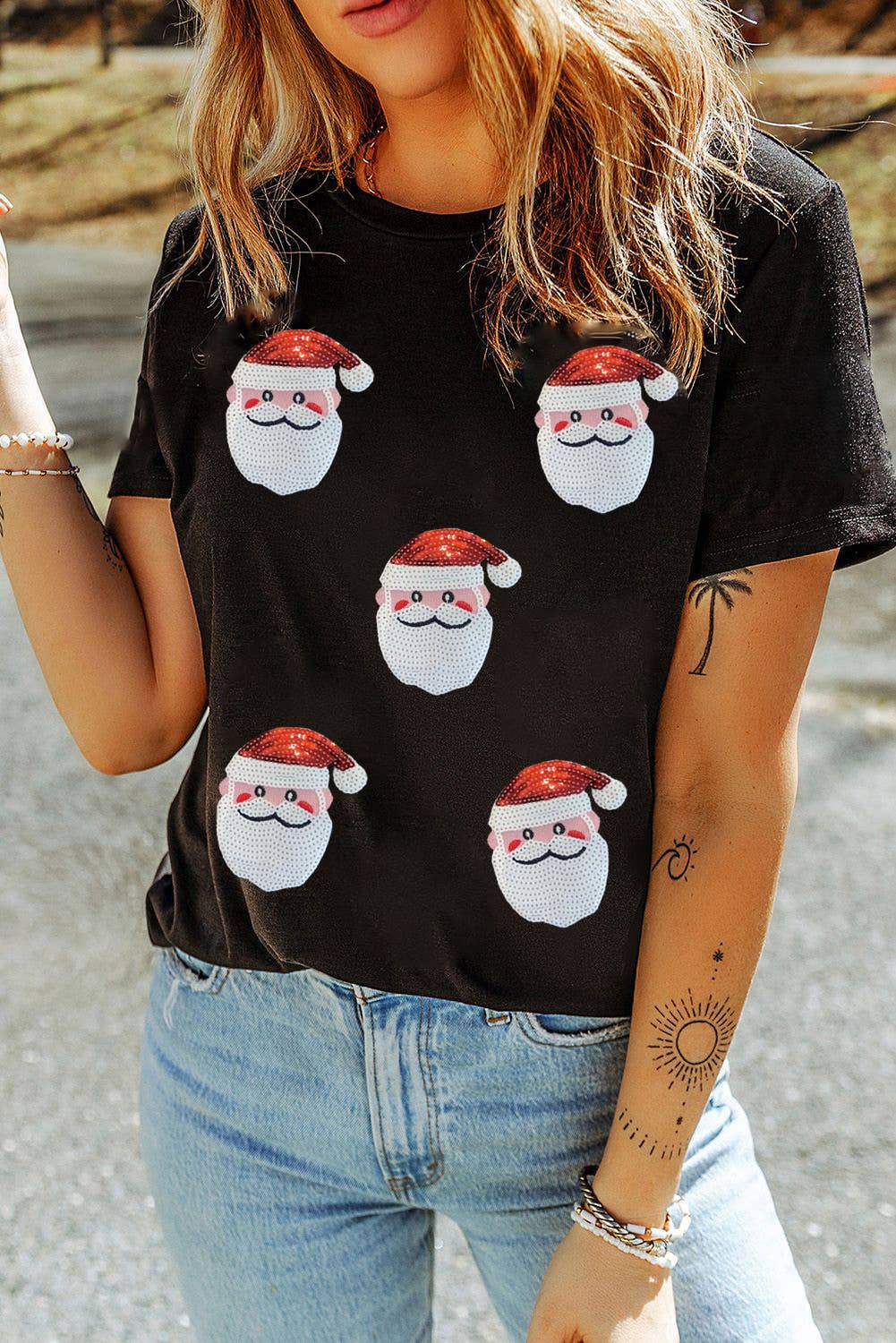 LDC Sequin Christmas Claus Pattern Crewneck T Shirt