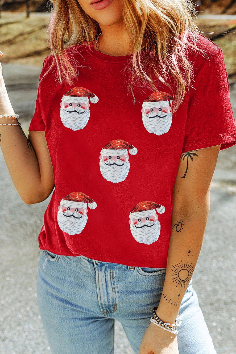 LDC Sequin Christmas Claus Pattern Crewneck T Shirt